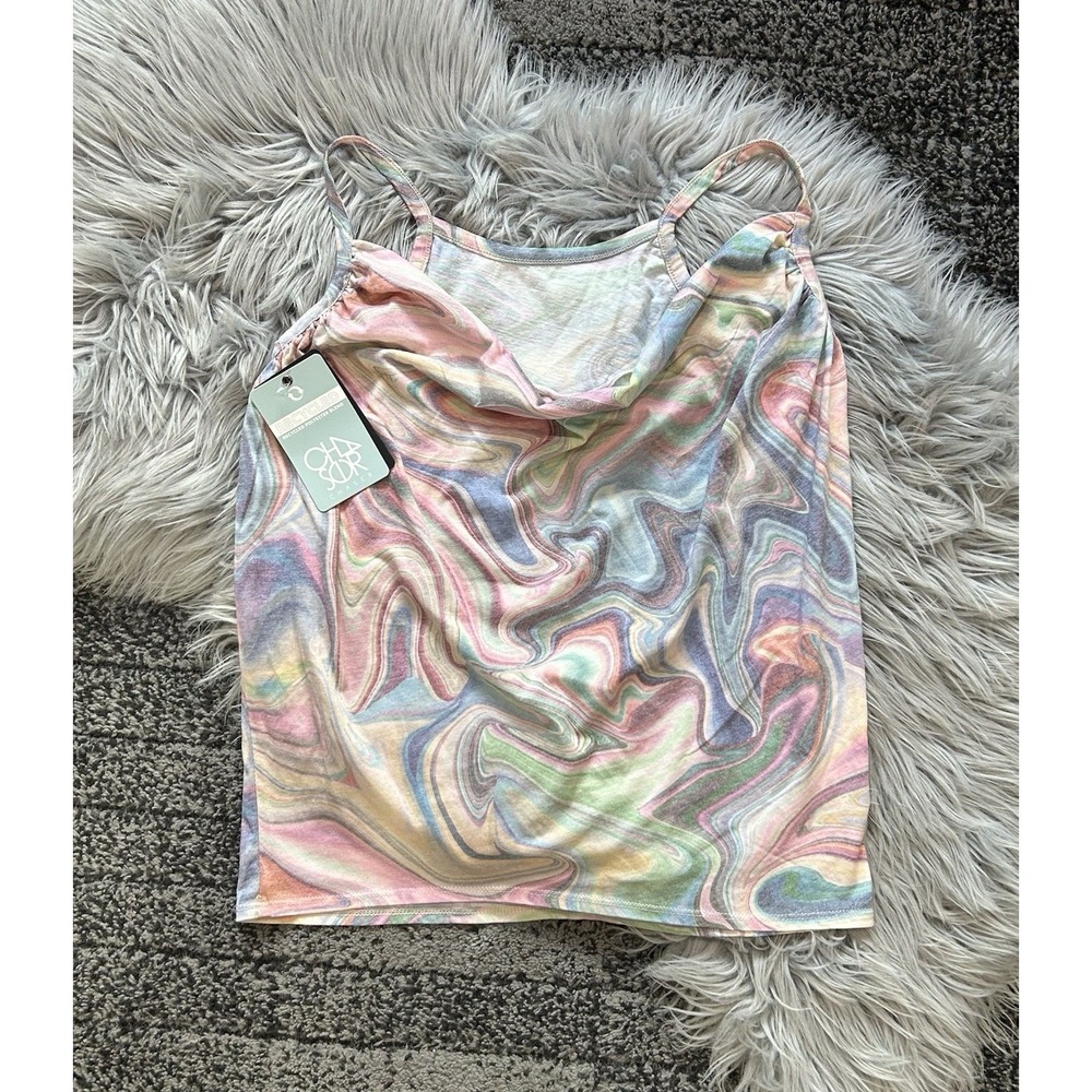 Chaser Women's‎ Pastel Water Color Retro Dipped Cowl Neck Tank Top Size Small